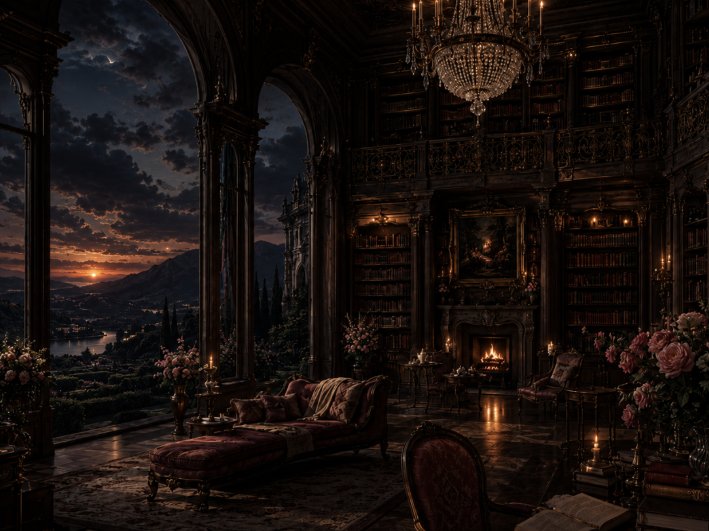 A dark, ornate library or study with tall bookshelves, a large crystal chandelier, a lit fireplace, and a chaise lounge near tall windows overlooking a sunset landscape.
