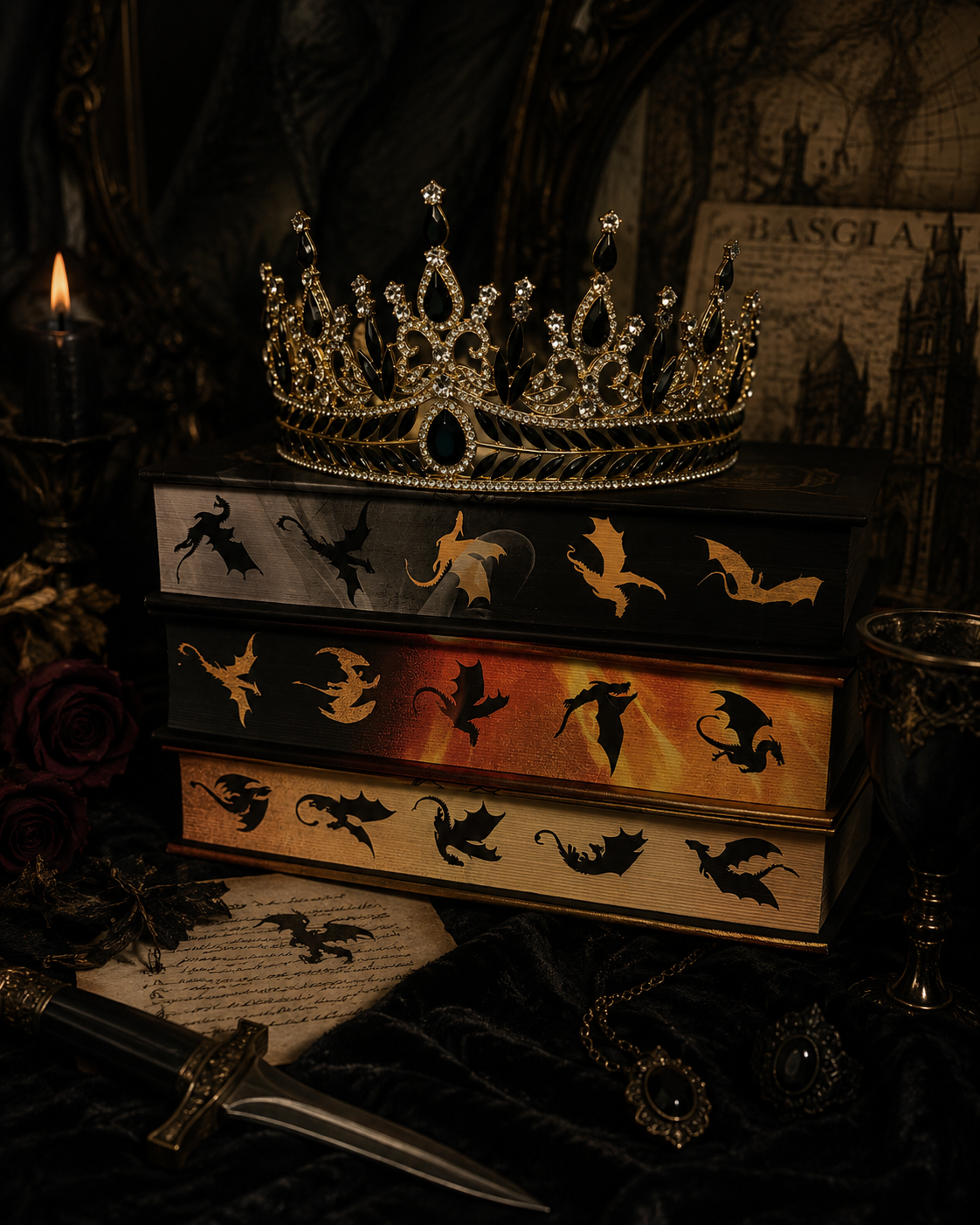 “Special-edition Empyrean series books displayed with a jeweled crown.”