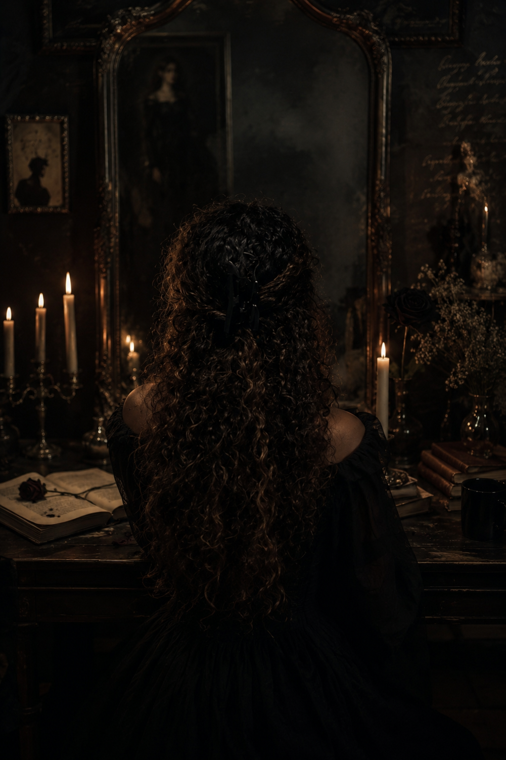 Mysterious woman with long curly hair sitting at a candlelit antique writing desk.