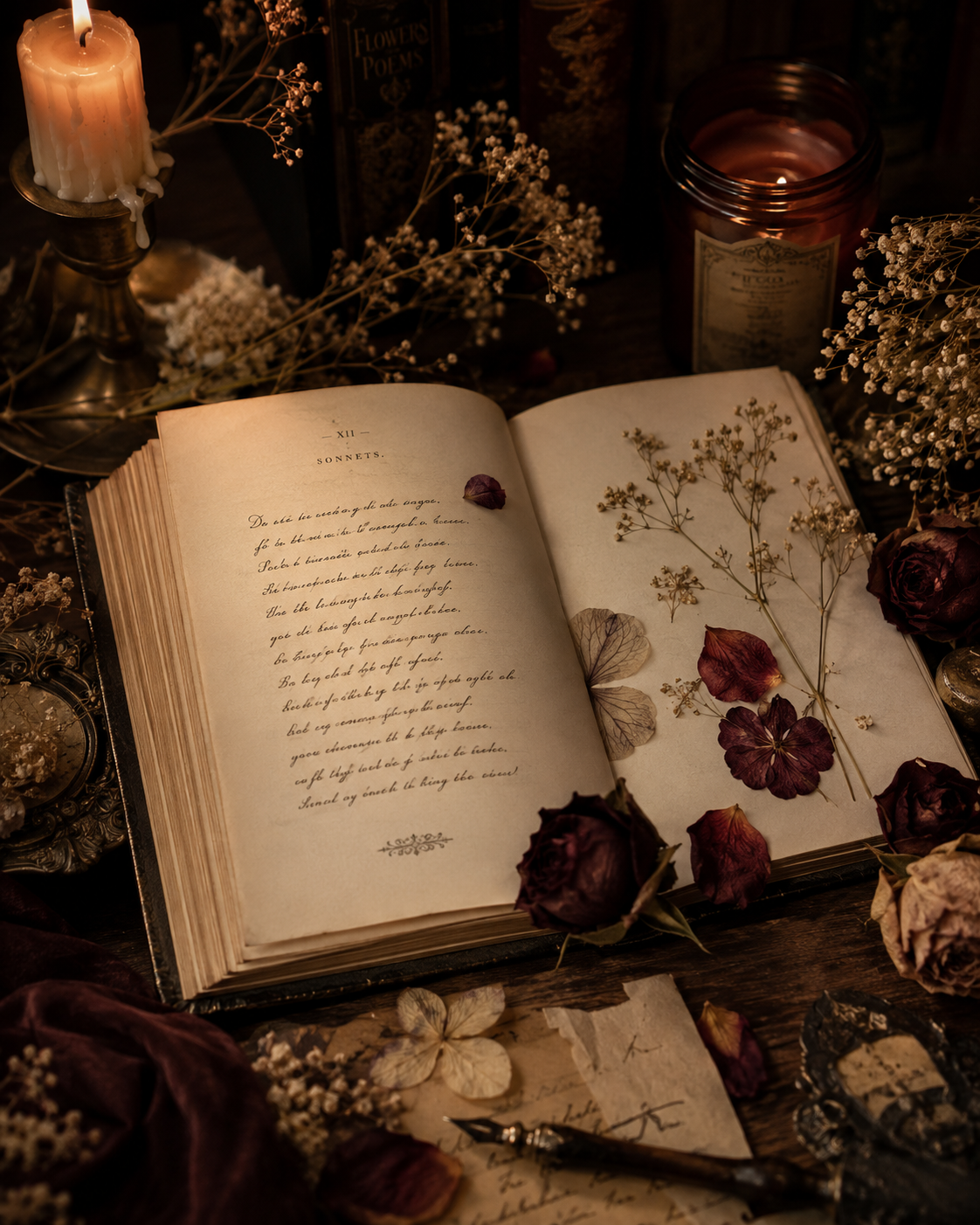 Open poetry book surrounded by dried flowers, roses, handwritten letters, and candlelight.