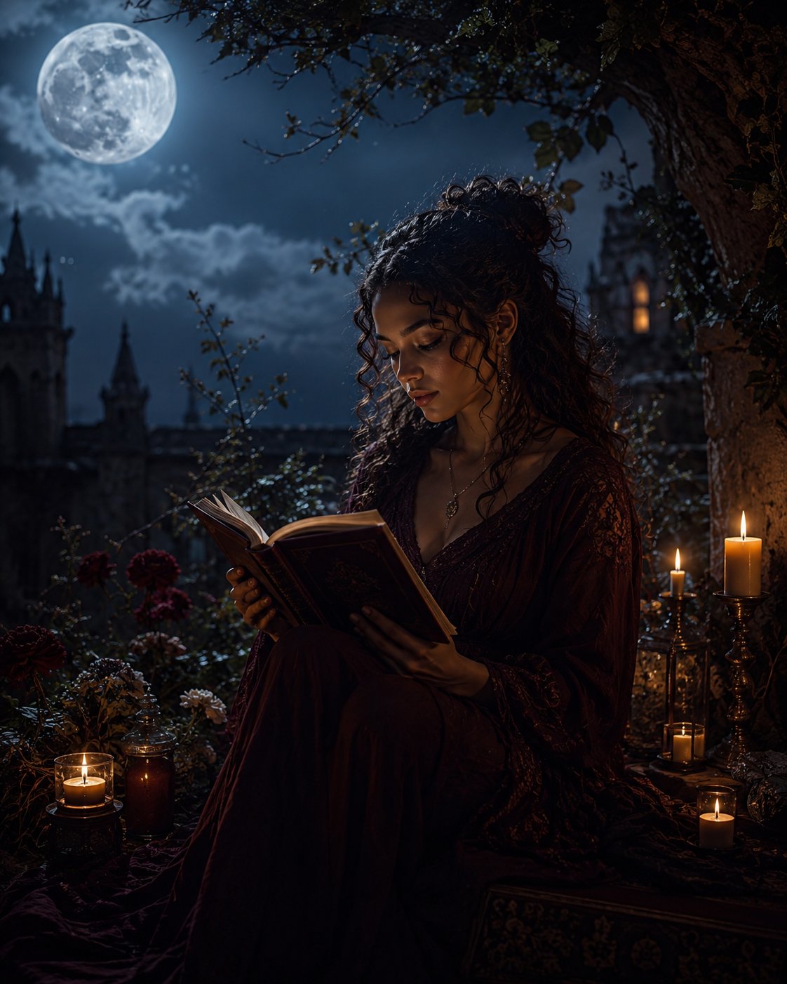 Young woman reading beneath the moon surrounded by candles and gothic architecture.